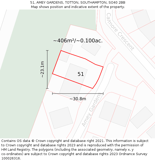 51, AMEY GARDENS, TOTTON, SOUTHAMPTON, SO40 2BB: Plot and title map