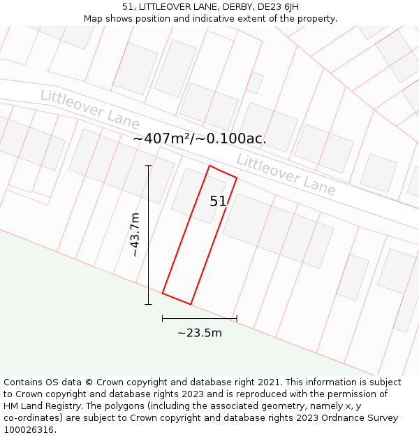 51, LITTLEOVER LANE, DERBY, DE23 6JH: Plot and title map