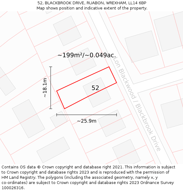 52, BLACKBROOK DRIVE, RUABON, WREXHAM, LL14 6BP: Plot and title map