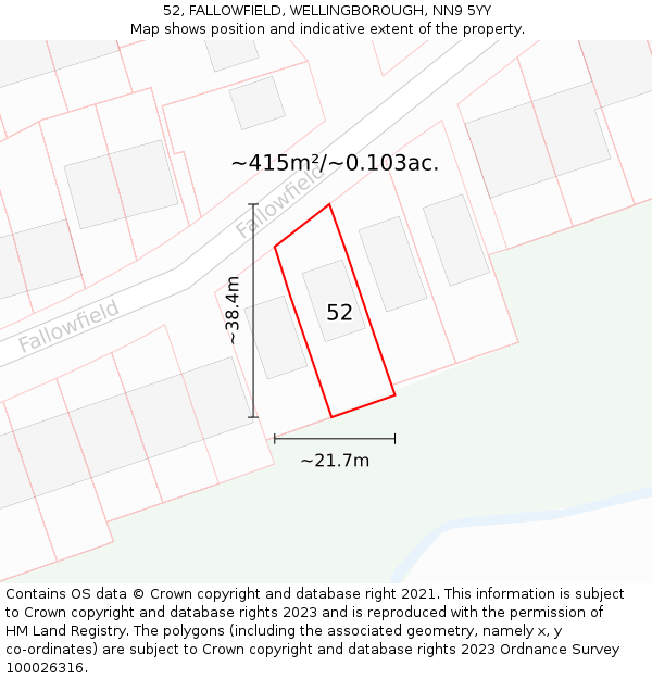 52, FALLOWFIELD, WELLINGBOROUGH, NN9 5YY: Plot and title map