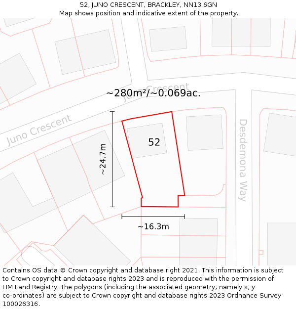 52, JUNO CRESCENT, BRACKLEY, NN13 6GN: Plot and title map