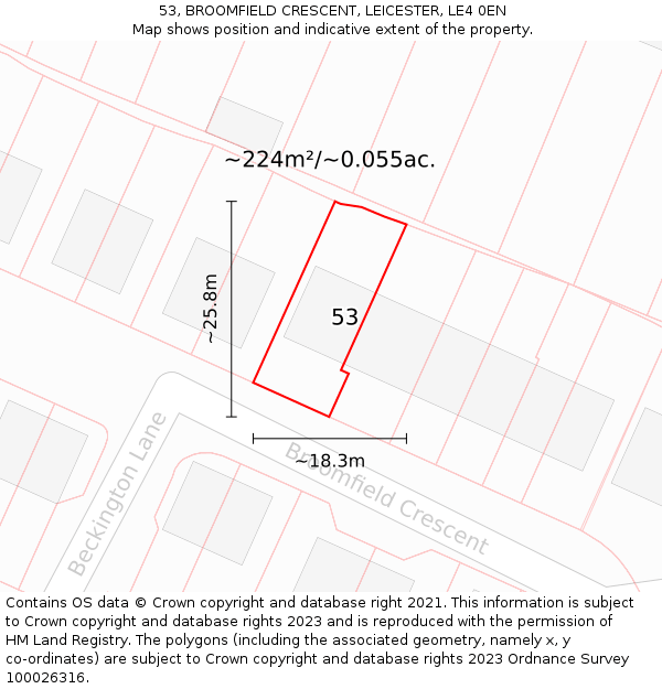 53, BROOMFIELD CRESCENT, LEICESTER, LE4 0EN: Plot and title map