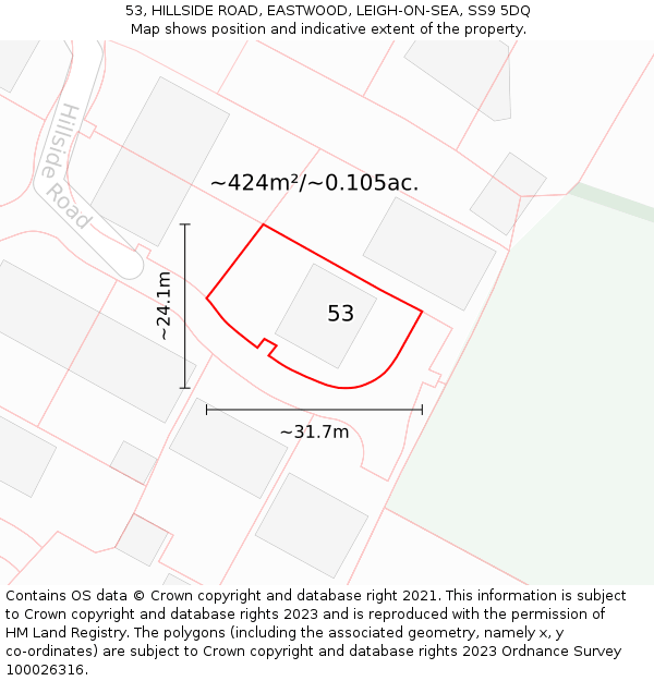 53, HILLSIDE ROAD, EASTWOOD, LEIGH-ON-SEA, SS9 5DQ: Plot and title map