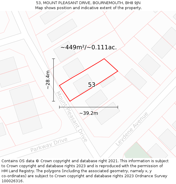 53, MOUNT PLEASANT DRIVE, BOURNEMOUTH, BH8 9JN: Plot and title map