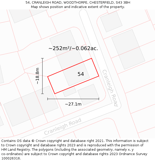 54, CRANLEIGH ROAD, WOODTHORPE, CHESTERFIELD, S43 3BH: Plot and title map