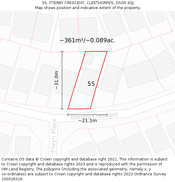 55, ITTERBY CRESCENT, CLEETHORPES, DN35 9QJ: Plot and title map