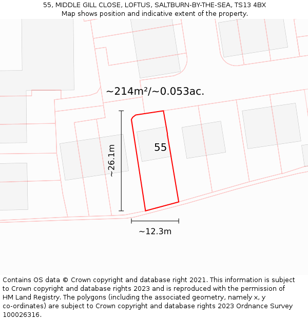 55, MIDDLE GILL CLOSE, LOFTUS, SALTBURN-BY-THE-SEA, TS13 4BX: Plot and title map