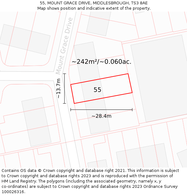 55, MOUNT GRACE DRIVE, MIDDLESBROUGH, TS3 8AE: Plot and title map