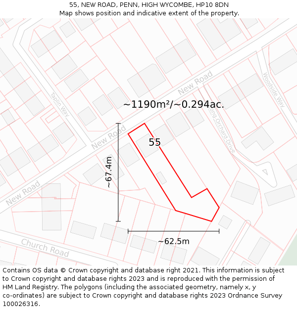 55, NEW ROAD, PENN, HIGH WYCOMBE, HP10 8DN: Plot and title map