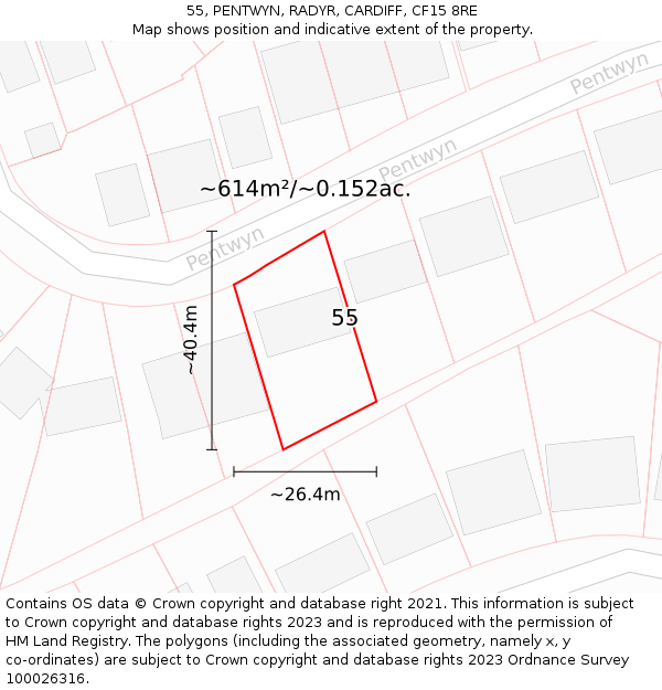 55, PENTWYN, RADYR, CARDIFF, CF15 8RE: Plot and title map