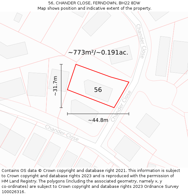 56, CHANDER CLOSE, FERNDOWN, BH22 8DW: Plot and title map