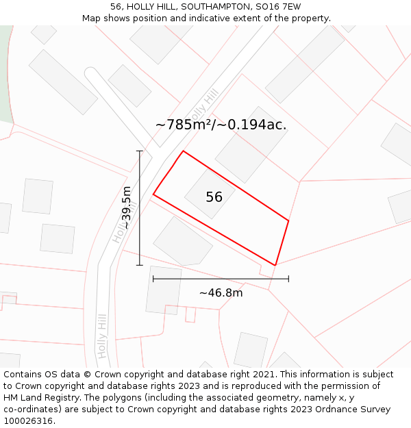 56, HOLLY HILL, SOUTHAMPTON, SO16 7EW: Plot and title map