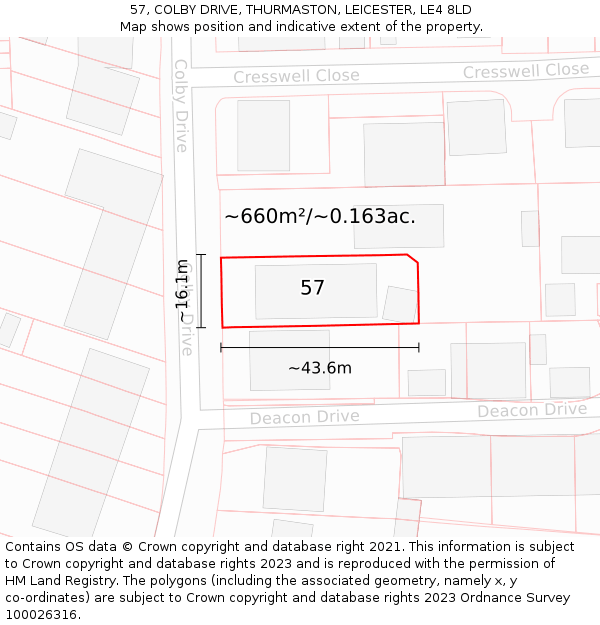 57, COLBY DRIVE, THURMASTON, LEICESTER, LE4 8LD: Plot and title map