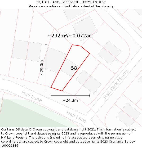 58, HALL LANE, HORSFORTH, LEEDS, LS18 5JF: Plot and title map