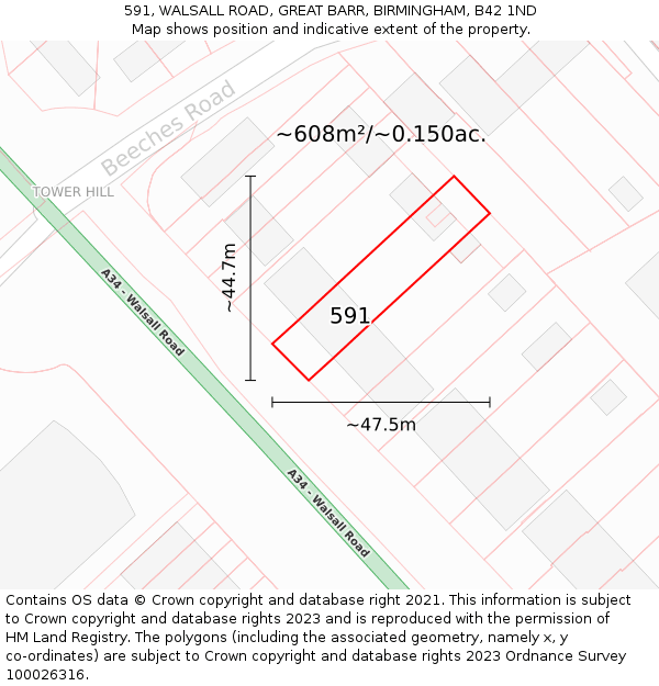 591, WALSALL ROAD, GREAT BARR, BIRMINGHAM, B42 1ND: Plot and title map