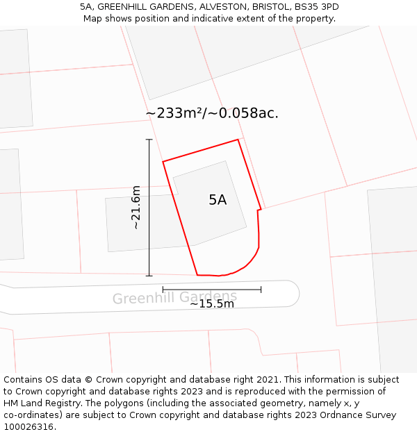 5A, GREENHILL GARDENS, ALVESTON, BRISTOL, BS35 3PD: Plot and title map