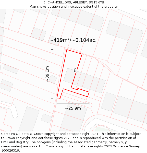 6, CHANCELLORS, ARLESEY, SG15 6YB: Plot and title map