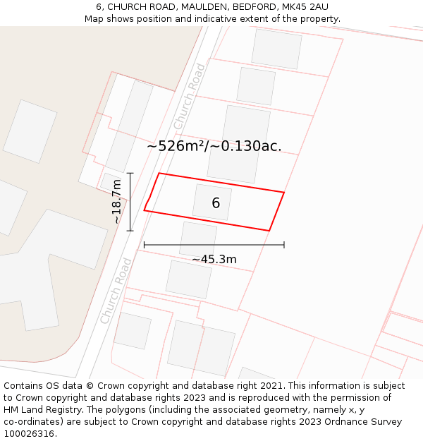 6, CHURCH ROAD, MAULDEN, BEDFORD, MK45 2AU: Plot and title map