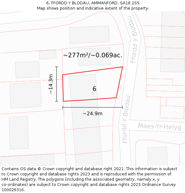 6, FFORDD Y BLODAU, AMMANFORD, SA18 2SS: Plot and title map