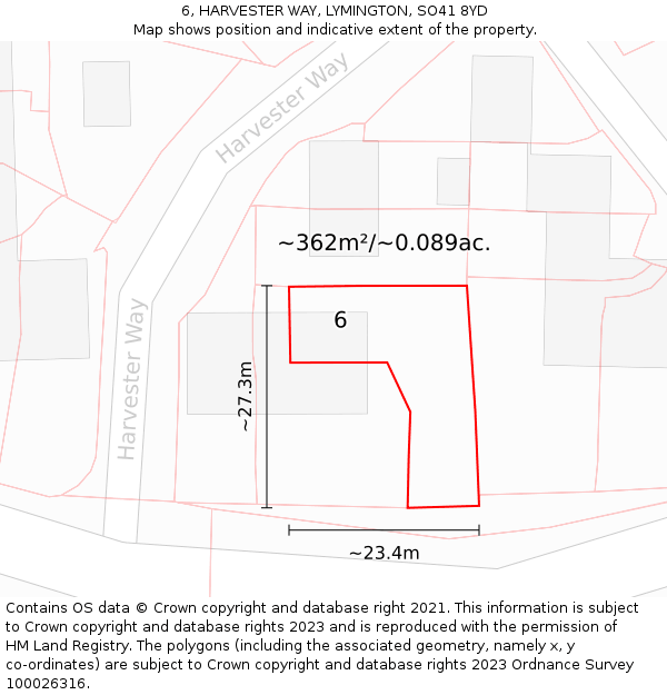 6, HARVESTER WAY, LYMINGTON, SO41 8YD: Plot and title map