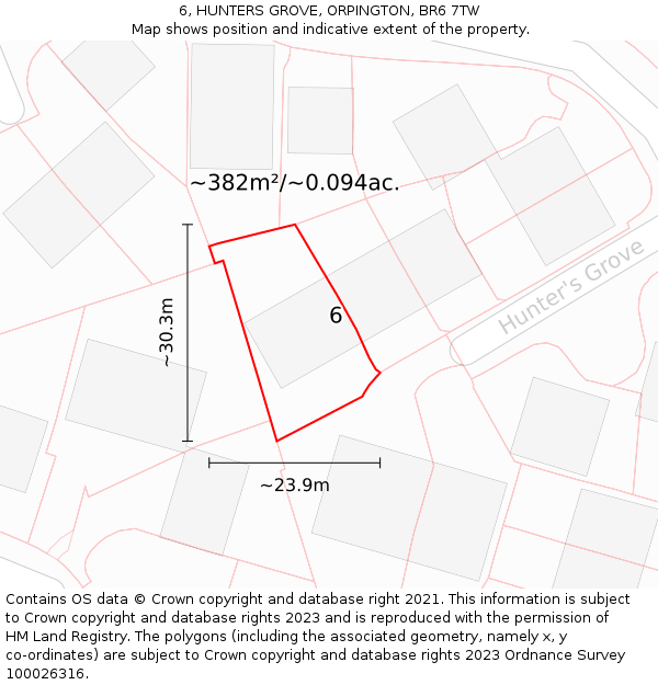 6, HUNTERS GROVE, ORPINGTON, BR6 7TW: Plot and title map