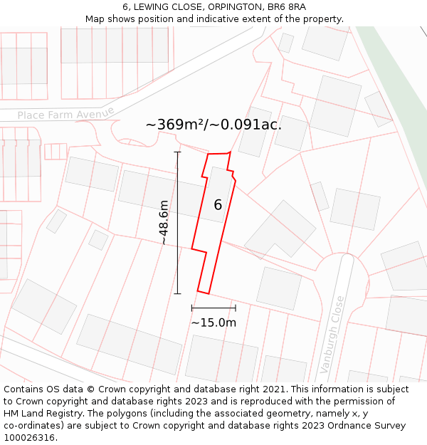 6, LEWING CLOSE, ORPINGTON, BR6 8RA: Plot and title map