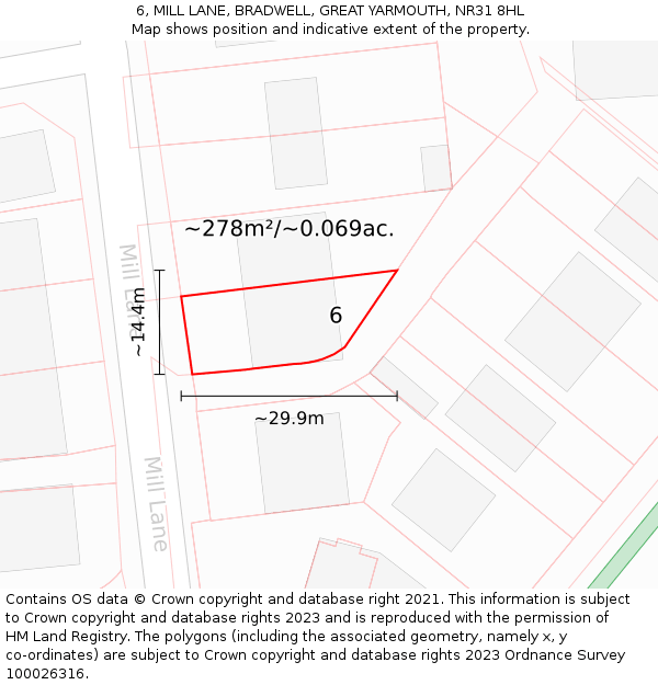 6, MILL LANE, BRADWELL, GREAT YARMOUTH, NR31 8HL: Plot and title map