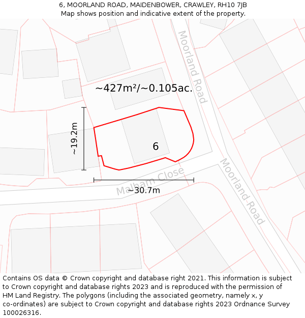 6, MOORLAND ROAD, MAIDENBOWER, CRAWLEY, RH10 7JB: Plot and title map