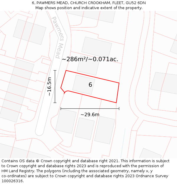 6, PAWMERS MEAD, CHURCH CROOKHAM, FLEET, GU52 6DN: Plot and title map