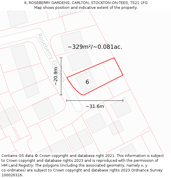 6, ROSEBERRY GARDENS, CARLTON, STOCKTON-ON-TEES, TS21 1FG: Plot and title map