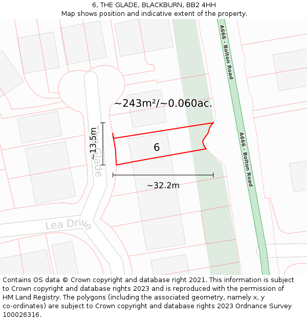 6, THE GLADE, BLACKBURN, BB2 4HH: Plot and title map