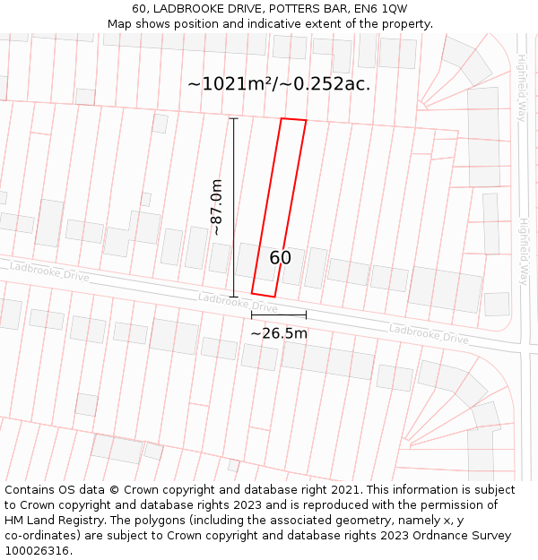 60, LADBROOKE DRIVE, POTTERS BAR, EN6 1QW: Plot and title map