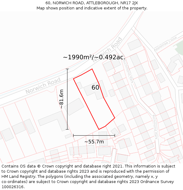 60, NORWICH ROAD, ATTLEBOROUGH, NR17 2JX: Plot and title map