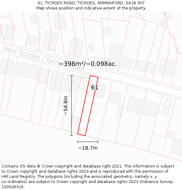 61, TYCROES ROAD, TYCROES, AMMANFORD, SA18 3NT: Plot and title map