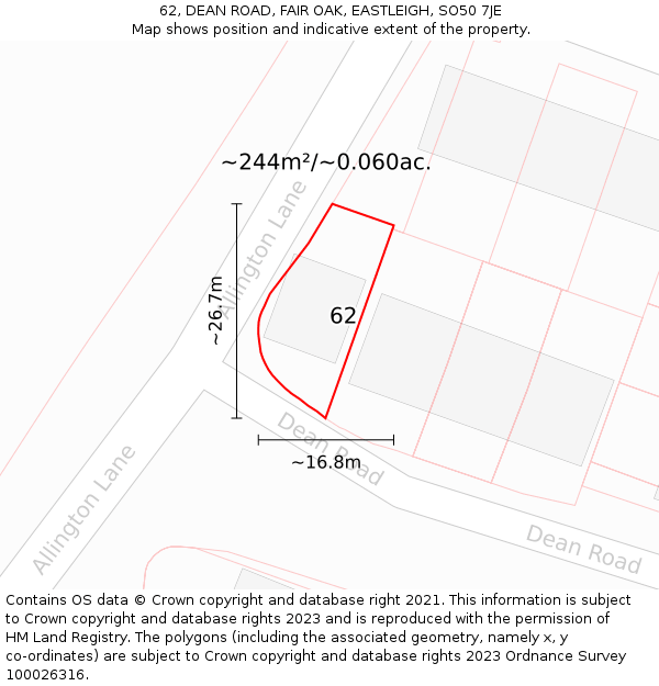 62, DEAN ROAD, FAIR OAK, EASTLEIGH, SO50 7JE: Plot and title map