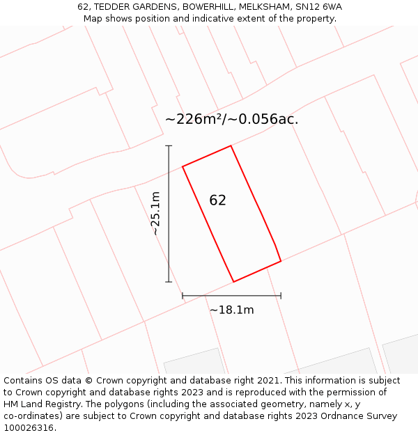 62, TEDDER GARDENS, BOWERHILL, MELKSHAM, SN12 6WA: Plot and title map