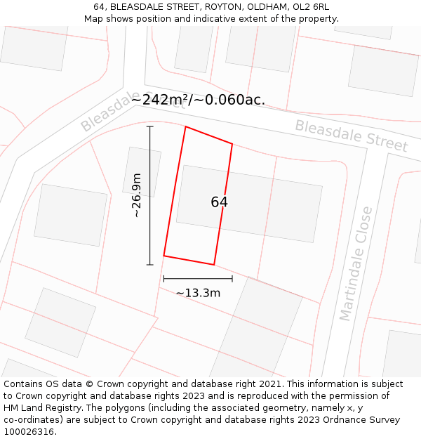 64, BLEASDALE STREET, ROYTON, OLDHAM, OL2 6RL: Plot and title map