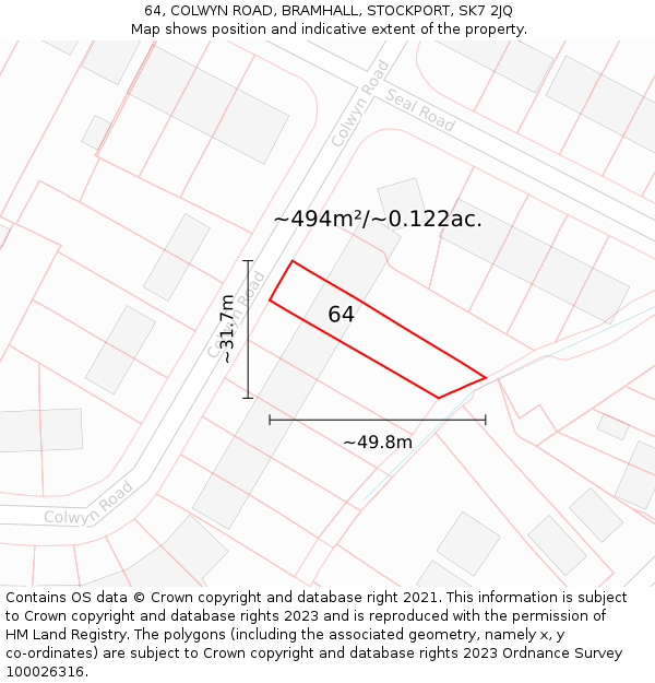 64, COLWYN ROAD, BRAMHALL, STOCKPORT, SK7 2JQ: Plot and title map