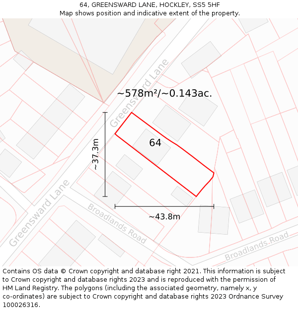 64, GREENSWARD LANE, HOCKLEY, SS5 5HF: Plot and title map