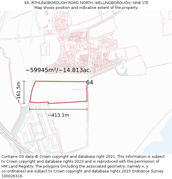 64, IRTHLINGBOROUGH ROAD NORTH, WELLINGBOROUGH, NN8 1TE: Plot and title map