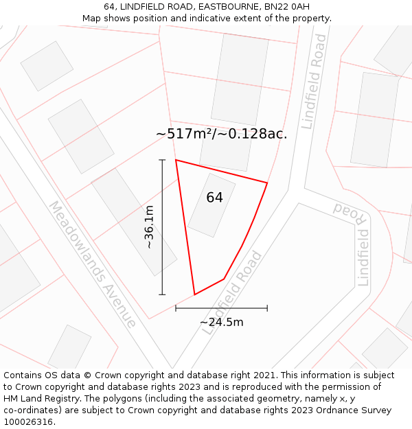 64, LINDFIELD ROAD, EASTBOURNE, BN22 0AH: Plot and title map