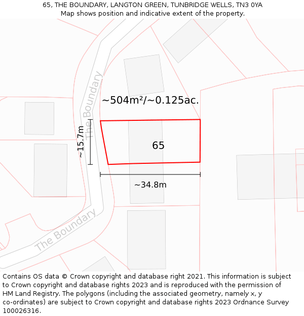 65, THE BOUNDARY, LANGTON GREEN, TUNBRIDGE WELLS, TN3 0YA: Plot and title map