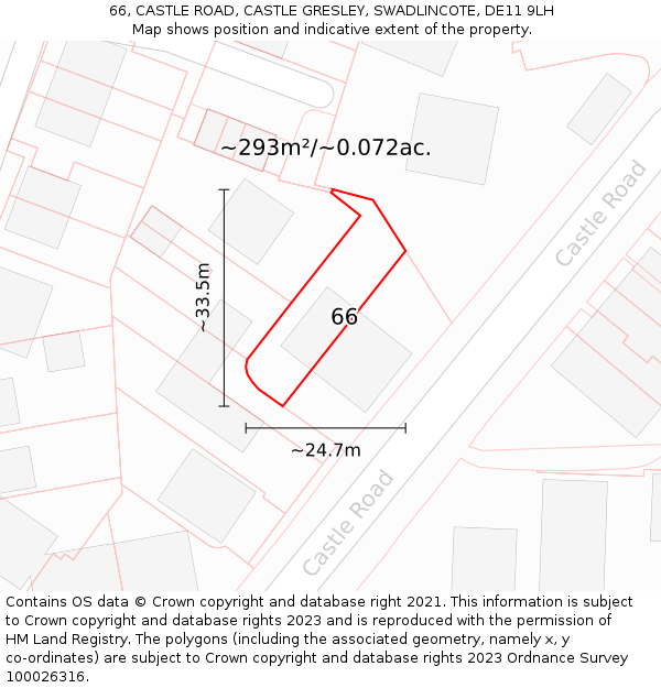 66, CASTLE ROAD, CASTLE GRESLEY, SWADLINCOTE, DE11 9LH: Plot and title map