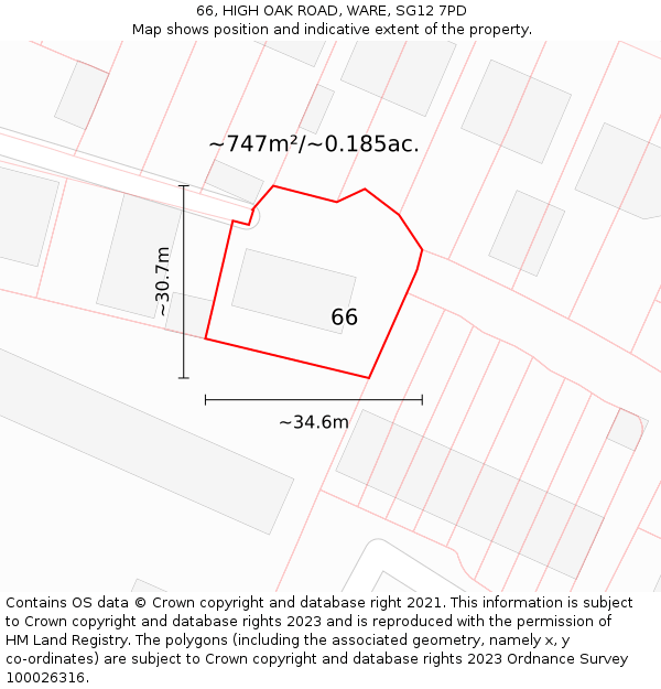 66, HIGH OAK ROAD, WARE, SG12 7PD: Plot and title map