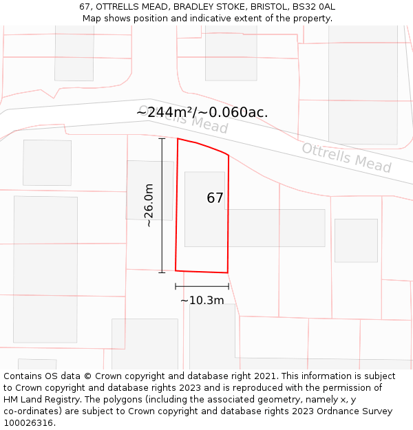 67, OTTRELLS MEAD, BRADLEY STOKE, BRISTOL, BS32 0AL: Plot and title map