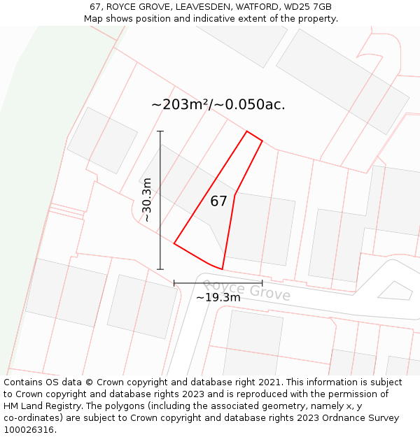 67, ROYCE GROVE, LEAVESDEN, WATFORD, WD25 7GB: Plot and title map