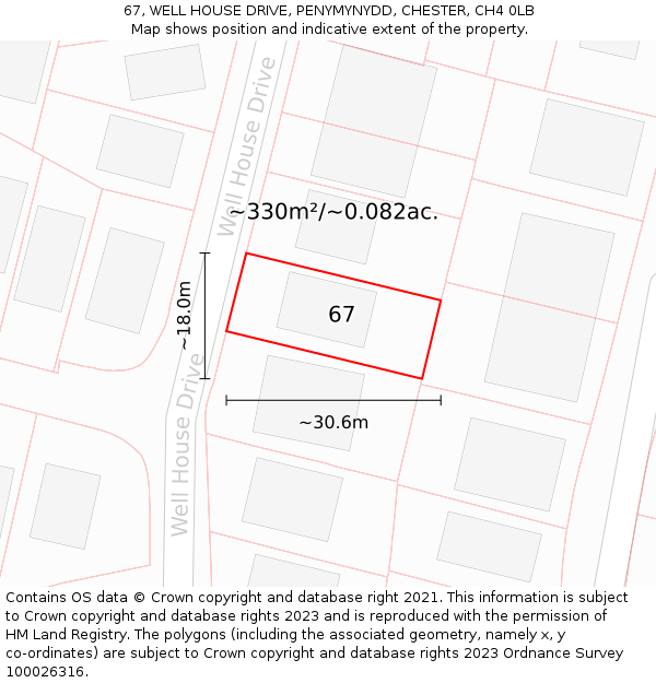 67, WELL HOUSE DRIVE, PENYMYNYDD, CHESTER, CH4 0LB: Plot and title map