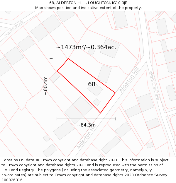 68, ALDERTON HILL, LOUGHTON, IG10 3JB: Plot and title map