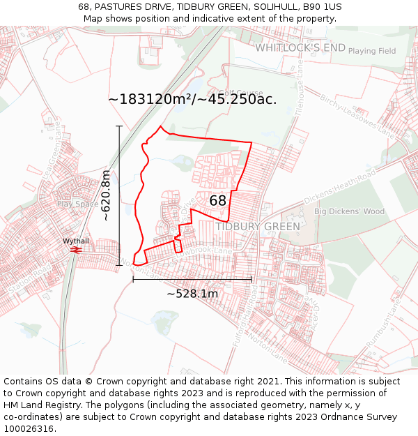 68, PASTURES DRIVE, TIDBURY GREEN, SOLIHULL, B90 1US: Plot and title map