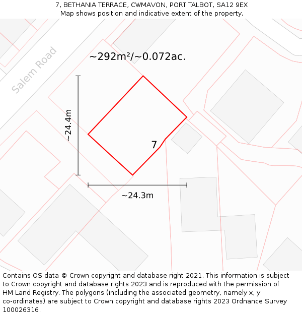 7, BETHANIA TERRACE, CWMAVON, PORT TALBOT, SA12 9EX: Plot and title map